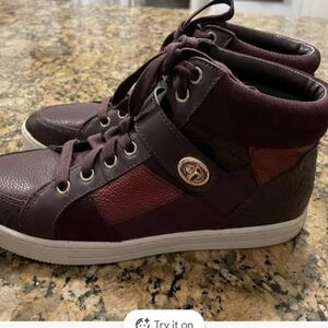 Coach PEMBROKE PATCHWORK Maroon Leather High-Top Sneakers with Gold Logo
